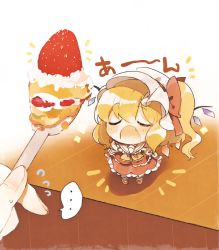 Rule 34 | 1girl, ascot, blonde hair, blush, bow, cake, chibi, closed eyes, collar, collared dress, cream, crystal, dress, fang, flandre scarlet, floor, food, fruit, hair between eyes, hair bow, hat, highres, jewelry, mob cap, mrhrprpr, multicolored wings, one eye closed, open mouth, puffy short sleeves, puffy sleeves, red bow, red dress, red footwear, shadow, shoes, short hair, short sleeves, simple background, socks, solo, spoon, standing, strawberry, touhou, white background, white hat, white socks, wings, wristband, yellow ascot