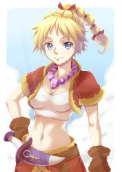 Rule 34 | 1girl, absurdres, bandages, blonde hair, blue eyes, breasts, chrono cross, closed mouth, cloud, crop top, facial mark, gloves, high ponytail, highres, jewelry, kid (chrono cross), long hair, looking at viewer, midriff, multi-tied hair, navel, necklace, ponytail, president suama, smile, solo, vest