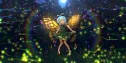 Rule 34 | 1girl, antennae, aqua hair, barefoot, butterfly wings, closed mouth, dress, eternity larva, fairy, full body, green dress, highres, insect wings, leaf, leaf on head, moenoki, multicolored clothes, multicolored dress, orange eyes, short hair, short sleeves, signature, smile, solo, touhou, wings
