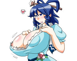 Rule 34 | 1girl, areola slip, blue eyes, blue hair, breast suppress, breasts, cleavage, dress, female focus, gigantic breasts, hair ornament, kaku seiga, long hair, matching hair/eyes, open mouth, puffy nipples, satsubashi genha, simple background, solo, standing, touhou, upper body, white background