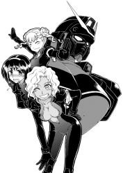 Rule 34 | 3girls, ^ ^, breasts, cleavage, closed eyes, crossbone gundam, crossbone gundam ghost, dark-skinned female, dark skin, deux luka frills, double bun, greyscale, gundam, hair behind ear, hair bun, hand on own hip, leaning to the side, looking at viewer, looking down, mecha, medium breasts, mobile suit, monochrome, multiple girls, navel, one eye closed, open hand, open hands, outstretched arms, robot, science fiction, tres mares, upper body, v-fin, v gundam, yi lychee, yuusuke (uj15yaku)