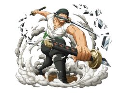 Rule 34 | 1boy, bandana, black footwear, black pants, boots, broken, broken weapon, holding, holding sword, holding weapon, katana, looking at viewer, multiple weapons, official art, one piece, one piece treasure cruise, open mouth, pants, roronoa zoro, shirt, smoke, sword, teeth, transparent background, weapon, weapon in mouth, white shirt