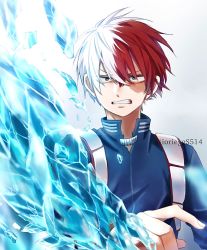 Rule 34 | 1boy, blue eyes, boku no hero academia, burn scar, clenched teeth, commentary, grey background, hair between eyes, hand up, heterochromia, highres, ice, iorieggs514, looking at viewer, making-of available, male focus, multicolored hair, red hair, scar, scar on face, short hair, solo, split-color hair, symbol-only commentary, teeth, todoroki shouto, twitter username, two-tone hair, upper body, white hair