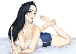 Rule 34 | 1girl, barefoot, black hair, blue eyes, blueorca, breasts, camisole, cleavage, feet, long hair, looking at viewer, lying, mole, mole on breast, mole under eye, nail polish, on stomach, parted lips, short shorts, shorts, soles, the pose, toes