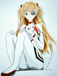 Rule 34 | 1girl, artist request, ass, blue eyes, bodysuit, breasts, brown hair, cowboy shot, evangelion: 3.0+1.0 thrice upon a time, from side, hair between eyes, interface headset, long hair, looking at viewer, marker (medium), neon genesis evangelion, parted lips, pilot suit, plugsuit, rebuild of evangelion, shiny clothes, sitting, skin tight, solo, souryuu asuka langley, standing, traditional media, two side up, very long hair, white bodysuit, wide hips