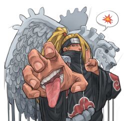 Rule 34 | 1boy, akatsuki uniform, blonde hair, bruniosktch, commentary, deidara (naruto), english commentary, explosion, extra mouth, forehead protector, hair over one eye, hand mouth, highres, long hair, looking at viewer, male focus, naruto, naruto (series), naruto shippuuden, ninja, solo, speech bubble, teeth, tongue, tongue out