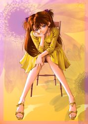 Rule 34 | 00s, 1girl, artist name, bare legs, chair, dress, covered erect nipples, female focus, flower, hair ornament, highres, knees together feet apart, kobayashi yuji, long sleeves, looking at viewer, neon genesis evangelion, sandals, shoes, sitting, solo, souryuu asuka langley, sunflower, yellow dress