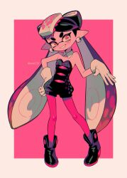 Rule 34 | 1girl, bare shoulders, black footwear, black hair, black jumpsuit, blush stickers, boots, border, breasts, callie (splatoon), collarbone, detached collar, dot nose, earrings, fang, full body, gloves, gradient hair, grin, hair ornament, hand on own hip, hand up, highres, inkling, jewelry, jumpsuit, long hair, looking at viewer, menma (enaic31), mole, mole under eye, multicolored hair, neon trim, nintendo, open mouth, orange eyes, outside border, pantyhose, pink background, pink pantyhose, pointy ears, purple hair, short eyebrows, simple background, small breasts, smile, solo, splatoon (series), splatoon 1, standing, strapless jumpsuit, swept bangs, symbol-shaped pupils, tentacle hair, thick eyebrows, twitter username, two-tone hair, very long hair, white border, white gloves
