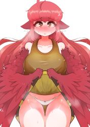 Rule 34 | 1girl, absurdres, ahoge, animal ears, bare shoulders, bird ears, blush, bow, bow panties, breasts, brown eyes, brown tank top, clothes lift, coco (eogks), feathered wings, feathers, harpy, highres, large breasts, lifting own clothes, long hair, monster girl, nn (eogks), original, panties, red feathers, red hair, red wings, simple background, skirt, skirt lift, tank top, thigh gap, underwear, very long hair, white background, white panties, winged arms, wings, yellow skirt