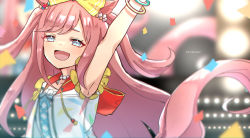Rule 34 | 1girl, absurdres, aching tko, agnes digital (umamusume), animal ears, arm up, armpits, beads, blue eyes, bow, commentary request, confetti, hair beads, hair bow, hair ornament, highres, horse ears, horse girl, horse tail, long hair, looking at viewer, pink hair, sleeveless, solo, tail, umamusume
