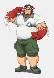 Rule 34 | 1boy, absurdres, adjusting eyewear, arm hair, arm up, bara, black eyes, black hair, blue-framed eyewear, body hair, bulge, collared shirt, colored skin, forked eyebrows, full body, glasses, green footwear, green shorts, hachimaki, hand on eyewear, hand on own hip, headband, highres, jewelry, leg hair, long sideburns, magatama, magatama necklace, male focus, mature male, muscular, muscular male, mutton chops, necklace, nejiri hachimaki, parted lips, polo shirt, protected link, red skin, ross (doodlrenzo), semi-rimless eyewear, shadow, shirt, short hair, shorts, sideburns, signature, simple background, smile, solo, standing, tachi-e, tajikarao (housamo), thick eyebrows, thick thighs, thighs, tokyo houkago summoners, tusks, white background