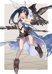 Rule 34 | 1girl, :d, bare legs, belt, bird, black hair, boots, bow, brown footwear, brown gloves, falcon, falconry, fantasy, full body, gloves, hair bow, holding, holding weapon, jiyu2, long hair, looking at another, open mouth, original, ponytail, purple eyes, sidelocks, smile, solo, teeth, weapon, white bow