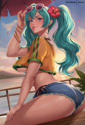 Rule 34 | 1girl, aqua hair, beach, bikini, bikini under clothes, black bikini, blue eyes, brazilian miku, breasts, commentary, crop top, denim, denim shorts, earrings, english commentary, exlic, eyewear on head, flower, hair flower, hair ornament, hatsune miku, highres, jewelry, large breasts, long hair, looking at viewer, necklace, open mouth, outdoors, patreon username, petals, plant, shorts, sitting, solo, sunglasses, swimsuit, twintails, underboob, vocaloid, white-framed eyewear