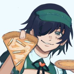 Rule 34 | chainsaw man, cigarette, cleavage cutout, clothing cutout, cross tie, eyepatch, food, green eyes, heart ornament, highres, himeno (chainsaw man), blue background, liowig, maid, pizza, pizza slice, simple background, smile, simple background, visor cap, white background