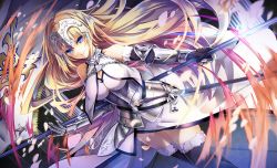 Rule 34 | 1girl, armor, armored dress, banner, bare shoulders, black legwear, blonde hair, blue eyes, breasts, chain, closed mouth, collar, dress, dutch angle, fate/apocrypha, fate/grand order, fate (series), fringe trim, fur-trimmed legwear, fur trim, gauntlets, headpiece, holding, holding staff, holding weapon, jeanne d&#039;arc (fate), jeanne d&#039;arc (ruler) (fate), jeanne d&#039;arc (third ascension) (fate), large breasts, long hair, looking at viewer, petals, polearm, signature, smile, solo, staff, standing, tyouya, very long hair, weapon, white dress