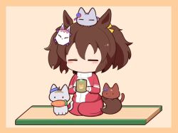 Rule 34 | . ., 1girl, :3, ahoge, animal, animal ears, animal on head, animalization, blue bow, border, bow, brown background, brown border, brown hair, carrot, cat, chibi, closed eyes, closed mouth, cup, ear bow, food in mouth, fox mask, full body, gomashio (goma feet), hair between eyes, holding, holding cup, horse ears, horse girl, horse tail, inari one (umamusume), jacket, mask, mask on head, mouth hold, oguri cap (umamusume), on head, pants, red jacket, seiza, sitting, super creek (umamusume), tail, tamamo cross (umamusume), track jacket, track pants, track suit, twintails, umamusume, yunomi