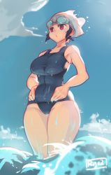 Rule 34 | 1girl, bare shoulders, black hair, blue one-piece swimsuit, breasts, cameltoe, cowboy shot, curvy, filia (skullgirls), goggles, goggles on head, hands on own hips, highres, large breasts, one-piece swimsuit, plump, red eyes, ryuji (red-truth), short hair, skullgirls, solo, standing, swim cap, swimsuit, thick thighs, thighs, wading, water, wet, wide hips