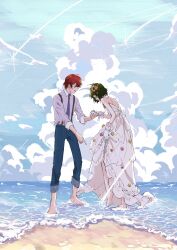 Rule 34 | 1boy, 1girl, barefoot, beach, blue eyes, blue pants, bride, choker, clothes lift, cloud, collared shirt, commentary request, couple, cumulonimbus cloud, dress, dress lift, farah oersted, flower, green hair, hair flower, hair ornament, hetero, highres, looking at another, necktie, official alternate costume, open mouth, pants, pointing, pointing at another, purple necktie, purple shirt, red hair, reid hershel, shirt, short hair, sleeves rolled up, smile, tales of (series), tales of eternia, wading, wedding dress, white dress, youme xz