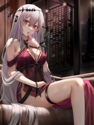 Rule 34 | 1girl, arknights, bare shoulders, breasts, building, cleavage, cleavage cutout, clothing cutout, couch, dress, feet out of frame, fingers to mouth, headgear, heart, heart-shaped pupils, highres, indoors, large breasts, long hair, looking at viewer, nail polish, night, o-ring, official alternate costume, on couch, pelvic curtain, red dress, red eyes, red nails, ru zhai, silver hair, sitting, skadi (arknights), skadi the corrupting heart (arknights), sleeveless, sleeveless dress, solo, symbol-shaped pupils, thigh strap, thighs, very long hair, window, wristband