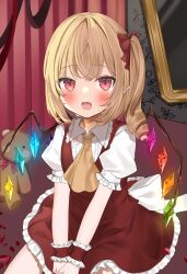 Rule 34 | 1girl, :d, ascot, blonde hair, blush, commentary request, crystal, drill hair, fang, flandre scarlet, happy, highres, indoors, looking at viewer, no headwear, okome2028, open mouth, red skirt, red vest, short hair with long locks, sitting, skirt, skirt set, smile, solo, stuffed animal, stuffed toy, teddy bear, touhou, v arms, vest, wings, yellow ascot