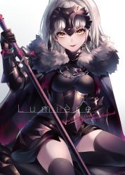 Rule 34 | 1girl, ahoge, armor, armored dress, black dress, black thighhighs, blonde hair, blush, breasts, cape, chain, cleavage, commentary request, dress, fate/grand order, fate (series), forehead protector, framed breasts, fur trim, gauntlets, headpiece, highres, holding, holding pole, holding sword, holding weapon, jeanne d&#039;arc (fate), jeanne d&#039;arc alter (avenger) (fate), jeanne d&#039;arc alter (avenger) (first ascension) (fate), jeanne d&#039;arc alter (fate), large breasts, light particles, long hair, looking at viewer, medium breasts, neko-san (dim.dream), open mouth, pole, seiza, short hair, silver hair, simple background, sitting, smile, solo, sword, thighhighs, weapon, white background, yellow eyes, yokozuwari