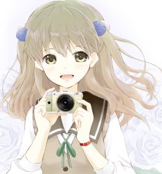 Rule 34 | 10s, 1girl, :d, blush, brown eyes, buttons, camera, cardigan vest, collar, eyelashes, fingernails, floating hair, flower, green ribbon, hair bobbles, hair ornament, holding, holding camera, light brown hair, lips, long hair, long sleeves, looking at viewer, mitani kanae, multicolored background, neck ribbon, open mouth, pentax, purple background, ribbon, rose, ryou.r, sailor collar, school uniform, shiny skin, shirt, sleeveless, smile, solo, sweater vest, tamayura, tareme, two side up, upper body, white background, white shirt, wind, wristband