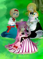 Rule 34 | 3girls, alice margatroid, apron, arm up, black dress, blonde hair, blue dress, blue eyes, book, braid, capelet, closed eyes, coat, double bun, dress, flower, grass, hair bun, hair flower, hair ornament, hair ribbon, hairband, highres, juliet sleeves, kirisame marisa, long hair, long sleeves, multiple girls, no headwear, one eye closed, open clothes, open coat, open mouth, patchouli knowledge, puffy sleeves, purple dress, purple eyes, purple hair, ribbon, sash, shade, single braid, single hair bun, sitting, skirt basket, smile, striped clothes, striped dress, touhou, tree, tsuno no hito, very long hair, wink
