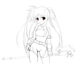 Rule 34 | 00s, 1girl, :o, adjusting clothes, antenna hair, armband, armor, bardiche (assault form) (nanoha), bardiche (nanoha), belt, belt bra, belt skirt, blush, breasts, buckle, cowboy shot, elbow gloves, fate testarossa, fate testarossa (sonic form), gloves, greyscale, hair ribbon, halberd, halterneck, holding, holding weapon, johnny (from scratch), lineart, long hair, looking at viewer, lowres, lyrical nanoha, magical girl, mahou shoujo lyrical nanoha, mahou shoujo lyrical nanoha a&#039;s, monochrome, open mouth, parted bangs, polearm, red eyes, ribbon, sidelocks, simple background, single vertical stripe, small breasts, solo, spot color, standing, strap, turtleneck, twintails, unitard, vambraces, very long hair, weapon