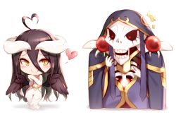 Rule 34 | 1boy, 1girl, ^^^, ahoge, ainz ooal gown, albedo (overlord), bare shoulders, black hair, black sclera, blush stickers, breasts, chibi, closed mouth, colored sclera, commentary request, demon girl, dress, elbow gloves, gloves, hair between eyes, hand up, heart, heart ahoge, hood, hood up, horns, kyuri tizu, long hair, looking at another, overlord (maruyama), own hands together, red eyes, robe, sanpaku, simple background, skeleton, smile, standing, white background, white dress, wings
