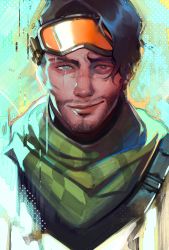 Rule 34 | 1boy, apex legends, artificial eye, black hair, brown eyes, facial hair, glass eye, goatee, goggles, goggles on head, green scarf, highres, male focus, mirage (apex legends), nose, realistic, riz3, scar, scar across eye, scar on face, scar on nose, scarf, smile, smirk, solo, stubble, upper body