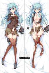 Rule 34 | 10s, 1girl, aqua eyes, aqua hair, bakugadou, bed sheet, blush, breasts, convenient censoring, dakimakura (medium), full body, hair between eyes, hair censor, kantai collection, knees together feet apart, large breasts, loafers, long hair, looking at viewer, lying, multiple views, navel, on back, open mouth, school uniform, shoes, skirt, smile, suzuya (kancolle), thighhighs, torn clothes, torn legwear, torn skirt