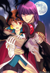 Rule 34 | 1boy, 1girl, ;d, arm around neck, bike shorts, black shorts, blush, brown hair, cape, collarbone, earrings, elbow gloves, full moon, gloves, highres, holding, holding staff, jewelry, lina inverse, looking at viewer, medium hair, moon, one eye closed, open mouth, purple eyes, purple hair, red cape, red eyes, satoashu, short shorts, shorts, slayers, smile, staff, sweatdrop, twitter username, unusually open eyes, white gloves, xelloss