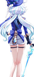 Rule 34 | 1girl, back, blue hair, blue hat, blue jacket, commentary, furina (genshin impact), genshin impact, gloves, hat, highres, jacket, light blue hair, long sleeves, multicolored hair, shirt, short shorts, shorts, solo, streaked hair, sword, thigh strap, thighs, top hat, uenoryoma, weapon, white hair, white shirt