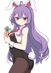 Rule 34 | 1girl, absurdres, ahoge, animal ears, black leotard, black pantyhose, blush, carrot, closed mouth, cowboy shot, detached collar, food, from side, hair between eyes, highres, holding, holding food, holding vegetable, kame (kamepan44231), leotard, long hair, pantyhose, purple hair, rabbit ears, rabbit tail, red eyes, reisen udongein inaba, simple background, solo, strapless, strapless leotard, tail, touhou, vegetable, white background, wrist cuffs