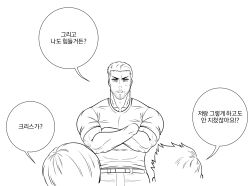 Rule 34 | 3boys, bara, belt, chamma yohani, chris redfield, comic, crossed arms, facial hair, highres, leon s. kennedy, looking at another, male focus, monochrome, multiple boys, muscular, muscular male, pants, piers nivans, resident evil, resident evil 6, shirt, short hair, translation request