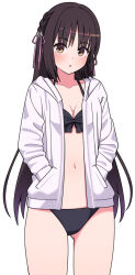 Rule 34 | 1girl, :o, bikini, black bikini, black hair, blush, braid, breasts, brown eyes, cafe stella to shinigami no chou, cleavage, collarbone, commentary, cowboy shot, eyes visible through hair, flower, hair flower, hair ornament, hair ribbon, halterneck, hands in pockets, hood, hooded jacket, jacket, long hair, looking at viewer, medium breasts, navel, open clothes, open jacket, parted bangs, parted lips, pink ribbon, ribbon, shiki natsume, side braid, sidelocks, simple background, solo, straight hair, swimsuit, symbol-only commentary, very long hair, white background, white flower, white jacket, zlmh7okwwbmghfo
