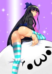 Rule 34 | 10s, 1girl, anus, ass, feet, hair ribbon, hazuki natena, highres, kneepits, legs, long hair, looking back, multicolored hair, no panties, panty &amp; stocking with garterbelt, pussy, ribbon, shiny skin, shoboon, solo, stocking (psg), striped clothes, striped thighhighs, thighhighs, two-tone hair, uncensored
