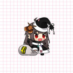 Rule 34 | 1girl, @ @, animal, animal on head, bandaid, bandaid on cheek, bandaid on clothes, bandaid on face, black coat, black footwear, black hat, black santa costume, brown hair, bug, cable, cable tail, chibi, coat, commentary, ear piercing, electric plug, english commentary, fang, full body, fur-trimmed coat, fur-trimmed headwear, fur trim, grid background, hat, holding, holding sack, insect, long hair, mechanical tail, meme, mole, mole under eye, moth, neck ribbon, on head, open mouth, original, outline, padoru (meme), piercing, red eyes, ribbon, sack, santa costume, santa hat, smile, solo, standing, tail, twitter username, very long hair, vickie (cryingrobot), vickie (cryingrobot) (character), white background, white outline, year 2000 problem