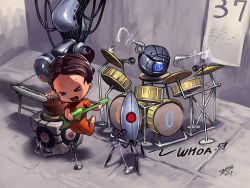 Rule 34 | &gt; &lt;, 1girl, band, barefoot, black forest cake, cake, chell, chibi, drum, drum set, epic, closed eyes, food, glados, guitar, instrument, jumping, keyboard (instrument), microphone, microphone stand, personality core, portal, portal (series), portal 1, portal 2, prosthesis, saejin oh, spoilers, triangle (instrument), sentry turret (portal), valve, aperture science weighted companion cube, wheatley