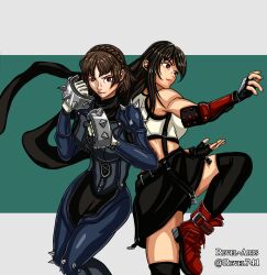 Rule 34 | 2girls, absurdres, bare shoulders, biker clothes, bikesuit, black hair, black skirt, black thighhighs, bodysuit, braid, breasts, brown hair, clenched hands, closed mouth, cross-laced clothes, cross-laced footwear, crossover, crown braid, fighting stance, final fantasy, final fantasy vii, final fantasy vii remake, fingerless gloves, gloves, highres, leather, long hair, long scarf, looking at viewer, looking to the side, medium breasts, multicolored background, multiple girls, navel, niijima makoto, persona, persona 5, red eyes, red footwear, scarf, short hair, shoulder spikes, simple background, single arm guard, skirt, smile, spiked knuckles, spikes, sports bra, suspender skirt, suspenders, swept bangs, tank top, thighhighs, tifa lockhart, white gloves, zettai ryouiki