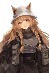Rule 34 | 1girl, animal ears, arknights, belt, belt buckle, black coat, blush, braid, breasts, brown hair, buckle, ceobe (arknights), ceobe (unfettered) (arknights), chain, coat, dog ears, dog girl, dolphin earrings, ears through headwear, eyes visible through hair, fang, grey shirt, hair tie, head tilt, highres, long hair, long sleeves, looking at viewer, nanatsuka, open mouth, oversized clothes, pocket, pouch, red eyes, scarf, shirt, simple background, skin fang, smile, solo, twin braids, upper body, white background, white headwear