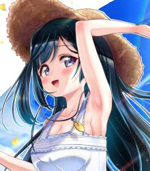 Rule 34 | 1girl, a jet black magician (love live!), artist name, artist request, bare shoulders, black hair, blue hair, blue sky, blush, bow, breasts, brown hat, cloud, collarbone, crescent, crescent necklace, dark blue hair, dress, dress bow, female focus, grey eyes, hat, jewelry, leaves, long hair, looking at viewer, love live!, love live! nijigasaki high school idol club, love live! school idol festival, love live! school idol festival all stars, medium breasts, necklace, outdoors, parted lips, petals, plaid, plaid dress, pleated, pleated dress, ponytail, side ponytail, sky, smile, solo, striped, striped bow, sundress, upper body, white background, white bow, white dress, yellow leaves, yellow petals, yuki setsuna (love live!)