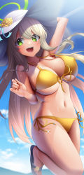 Rule 34 | 1girl, :d, absurdres, bikini, blue archive, blue sky, breasts, brown hair, cloud, cloudy sky, covered erect nipples, flip-flops, flower, green eyes, halo, hat, highres, large breasts, long hair, looking at viewer, navel, nonomi (blue archive), nonomi (swimsuit) (blue archive), open mouth, sandals, sky, slope (check238), smile, solo, sun hat, swimsuit, yellow bikini, yellow flower