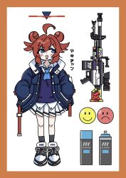 Rule 34 | 1girl, absurdres, black socks, blue archive, blue eyes, blue necktie, blush, border, character name, collared shirt, double bun, full body, gun, hair bun, halo, hands in pockets, highres, jacket, kuzuuo, long sleeves, maki (blue archive), necktie, open clothes, open jacket, open mouth, orange border, pleated skirt, red hair, shirt, shoes, short hair, simple background, skirt, smiley face, sneakers, socks, solo, spray can, weapon, white background, white shirt, white skirt