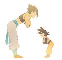 Rule 34 | 2boys, age difference, bad id, bad pixiv id, baggy pants, black eyes, black footwear, black hair, blurry, child, depth of field, dougi, dragon ball, dragon ball super, dragon ball super broly, dragonball z, from side, full body, gogeta, happy, leaning, leaning forward, libeuo (liveolivel), long sleeves, looking at another, looking down, looking up, male focus, multiple boys, muscular, own hands together, pants, profile, simple background, smile, son goten, spiked hair, standing, waistcoat, white background, white pants, wristband