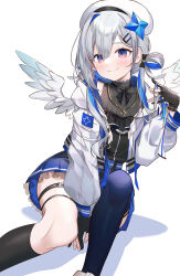 Rule 34 | 1girl, amane kanata, amane kanata (work), angel, angel wings, asymmetrical legwear, beret, between legs, black dress, black gloves, black ribbon, black socks, blue hair, blue thighhighs, blush, colored inner hair, commentary, dress, feathered wings, frilled dress, frills, gloves, grey hair, hair between eyes, hair ornament, hair rings, hairpin, hand between legs, hand up, hat, highres, hololive, jacket, kneehighs, long hair, long sleeves, looking at viewer, machi (7769), multicolored hair, official alternate hair length, official alternate hairstyle, partially fingerless gloves, playing with own hair, pleated dress, purple eyes, revision, ribbon, simple background, single hair intake, single kneehigh, single sock, single thighhigh, sitting, smile, socks, solo, thighhighs, uneven legwear, virtual youtuber, white background, white hat, white jacket, wings