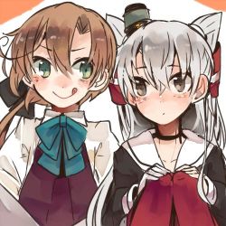 Rule 34 | 10s, 2girls, :d, :q, akigumo (kancolle), amatsukaze (kancolle), bad id, bad twitter id, brown eyes, brown hair, green eyes, hair ribbon, hair tubes, itomugi-kun, kantai collection, long hair, lowres, multiple girls, open mouth, pleated skirt, ponytail, red legwear, ribbon, school uniform, silver hair, skirt, smile, thighhighs, tongue, tongue out, twintails, two side up, v-shaped eyebrows, vest