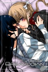 Rule 34 | 2girls, anakris, black hair, blonde hair, blue hair, blush, closed eyes, cover, english text, hand on another&#039;s cheek, hand on another&#039;s face, haru (anakris), headphones, hood, hoodie, kotomi (anakris), long hair, lying, multiple girls, on side, original, purple eyes, shirt, striped clothes, striped shirt, twintails, upper body, yuri
