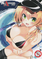 Rule 34 | 1girl, absurdres, anchor hair ornament, bikini, black bikini, black thighhighs, blonde hair, blush, breasts, cleavage, collarbone, crossed arms, fingernails, green eyes, hair ornament, halterneck, hat, highres, inuzumi masaki, kantai collection, large breasts, long hair, looking at viewer, navel, open mouth, peaked cap, prinz eugen (kancolle), scan, shiny skin, side-tie bikini bottom, simple background, smile, solo, string bikini, swimsuit, thighhighs, twintails