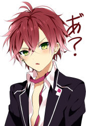 Rule 34 | 10s, 1boy, blush, collared shirt, diabolik lovers, fang, green eyes, highres, looking at viewer, male focus, mizuki (artist), open clothes, open mouth, red hair, sakamaki ayato, school uniform, shirt, simple background, solo, uniform, upper body, vampire, white background